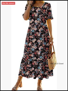 Polyester Spandex Midi Dress Ruffle Sleeves Tiered Boho Casual Sundress